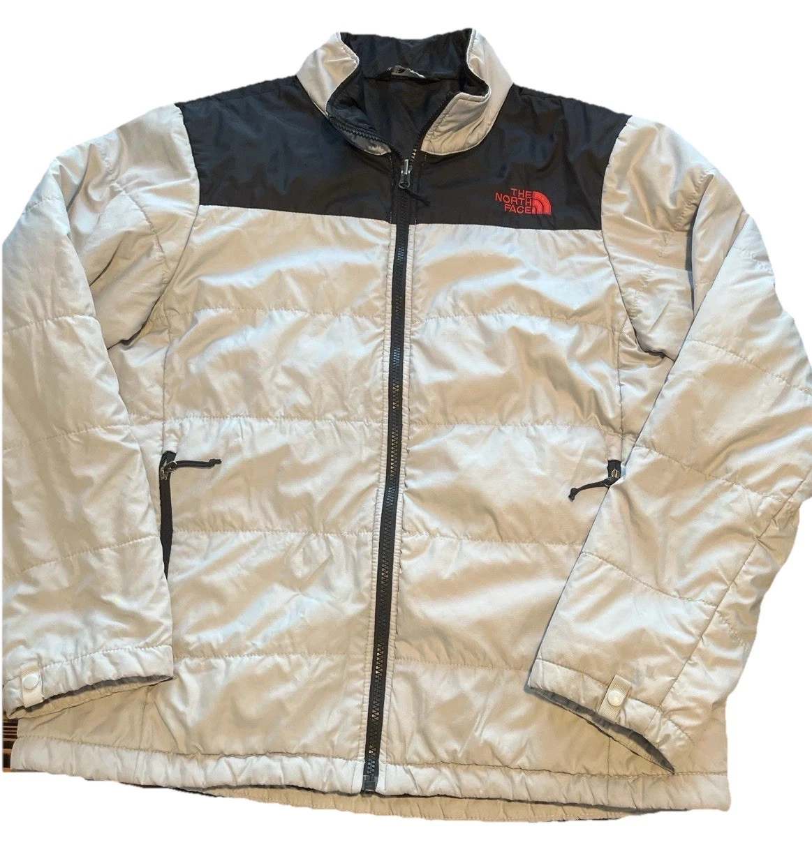 The North Face Mens M Puffer Jacket Gray Black Insulated Full Zip Coat