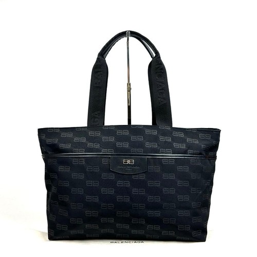 Balenciaga BB Nylon Canvas Tote Bag Black Unisex Used Authentic