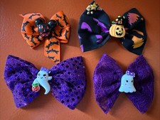 New 4 Set Hand Sewn Hair Bow Clip Halloween Cute Ghost Pumpkin Orange Purple