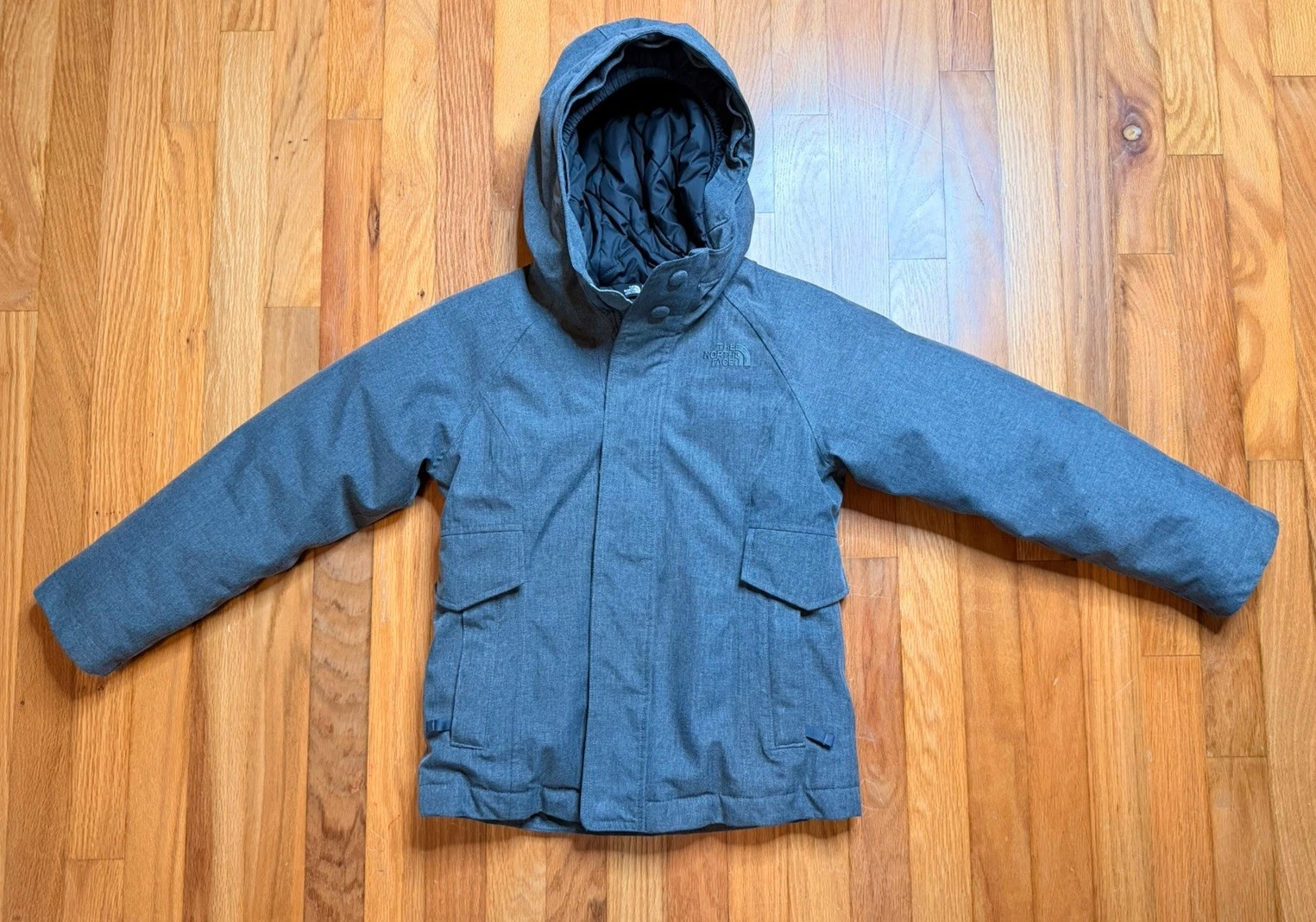 The North Face HyVent Goose Down Gray Hooded Zip Up Coat Girls Small Jacket TNF
