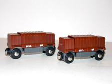 BRIO World Wooden Railway Lot of 2 Cargo Brown Boxcars w/ Opening Closing Doors