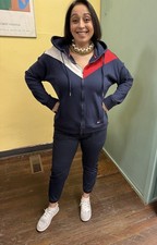 Y2K Tommy Hilfiger Sport Velour Chevron Hoodie Sweatshirt Blue Women's XL