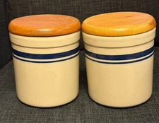 Pair Friendship Pottery Blue Stripe Crock Canisters w Wooden Lids Roseville Ohio