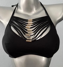 Victoria's Secret Swim Bikini Top Black Wireless Strappy Gold Hardware Halter