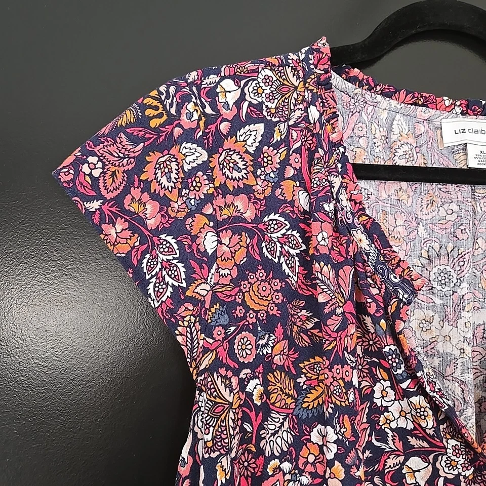 Liz Claiborne Linen Floral Midi Dress Women's XL Cotton Blend V-Neck Pockets - Image 4 of 4