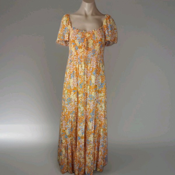 GHANDA Bohemian Maxi Dress Women's Size S Orange Floral Short Sleeve Fit & Flare