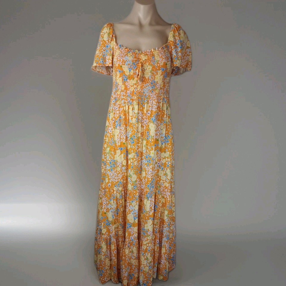 GHANDA Bohemian Maxi Dress Women's Size S Orange Floral Short Sleeve Fit & Flare