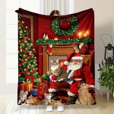 Christmas Santa Claus and Cats Print Throw Blanket  - Warm Soft Flannel Blanket