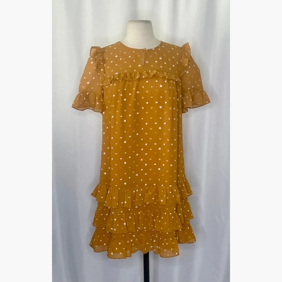 J. CREW Point Sur 荷叶边褶皱波点连衣裙温暖焦糖派对尺寸 2 — 第 2/4 张图片