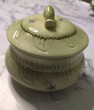 Vintage 3 Piece Round Celadon Glaze Butter Dish Green Gold Floral Flowers 1558