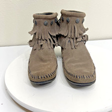 Minnetonka Women's Double Fringe Moccasins Side Zip Ankle Boots Sz 7 692