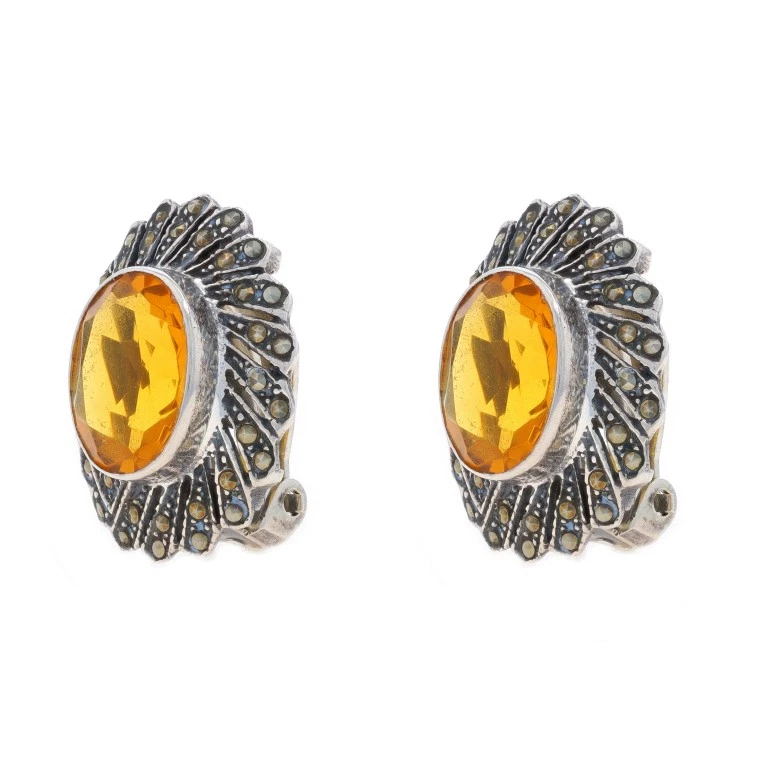 Aretes grandes con halo de vidrio y marcasita naranja esterlina 925 con clip de milgrain Foto 2 de 4