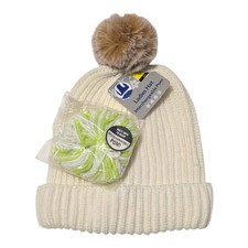 NWT Ladies Knit Hat Cream Ivory Tan Faux Fur Pom Acrylic Beanie with Extra Pom