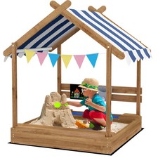 Wooden Sandbox with Canopy House Design for 3-7 Years Old, Brown