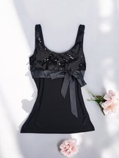 Black Sequin Tank Top Blouse Fairycore Whimsygoth Bow Romantic Coquette Glam M
