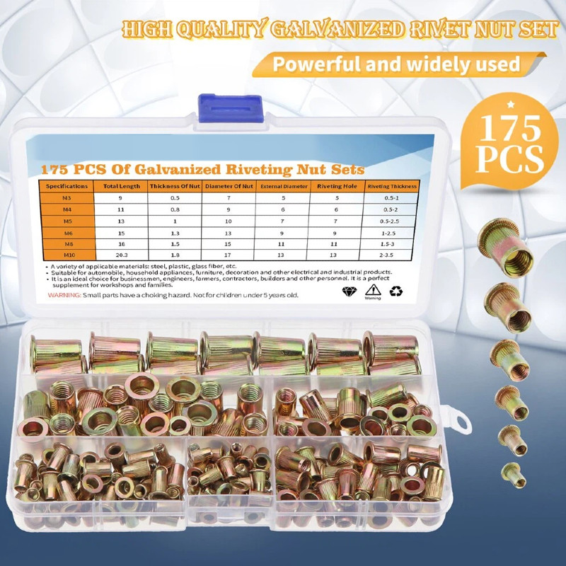 Zinc-Plated Carbon Steel Inserts- 175PCS Metric Rivet Nut Kit – M3-M10 Flat Head
