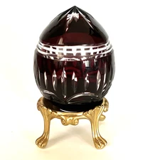 Vintage Crystal Egg On Metal Stand Burgundy  Bohemian  Style Cut To Clear