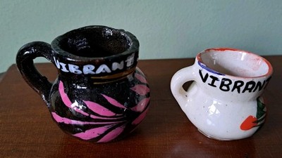 2 Vintage MINI Folk Art Pottery Small Pots Jugs Hand Painted Floral Primitive 