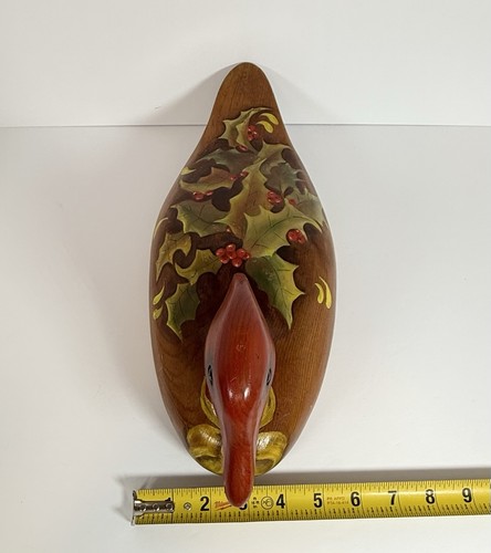Vintage Holz Ente Köder Rotkopf. Handbemalte Stechpalme und Bogen. 6”x 16” ca. - Bild 7 von 12