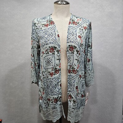 Mason & Belle Open Front Kimono Wrap Womens XS Blue Floral Duster Cardigan Lace