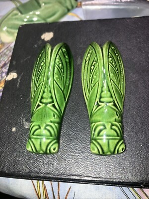 2 vintage French Faience Good Luck Cicada Bug knives knife rests rest Bugs Grn