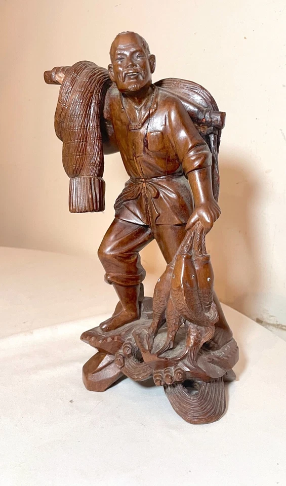 antique Chinese hand carved hard wood fisherman sculpture statue figure glass - Image 2 of 4
