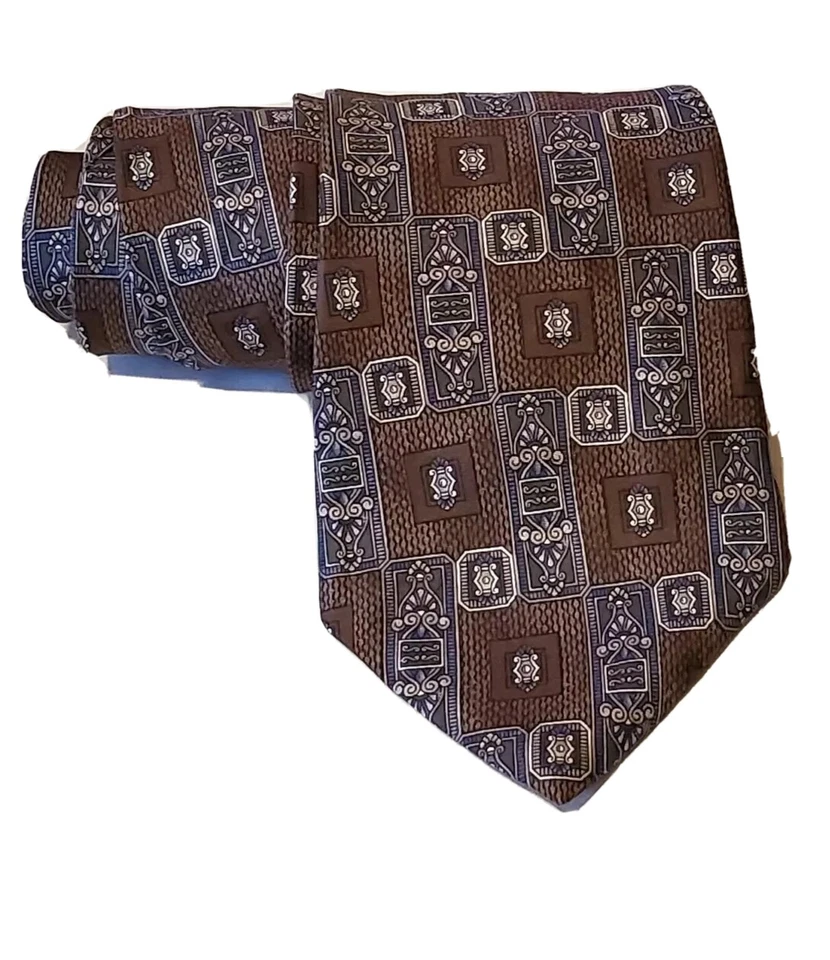 男式领带 100% 意大利丝绸几何棕色/白色 L 57 英寸 W 5 — 第 4/4 张图片