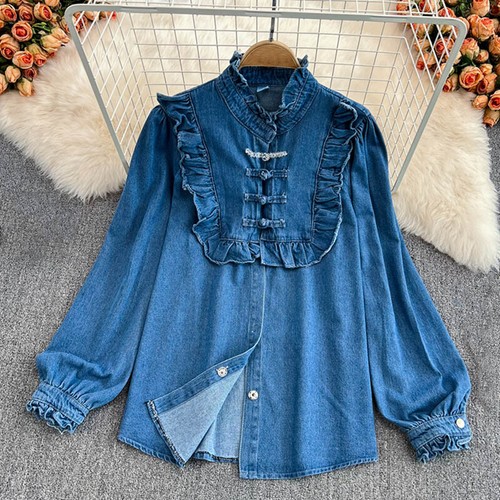 Fashion Womens Girls Denim Ruffles Tops 