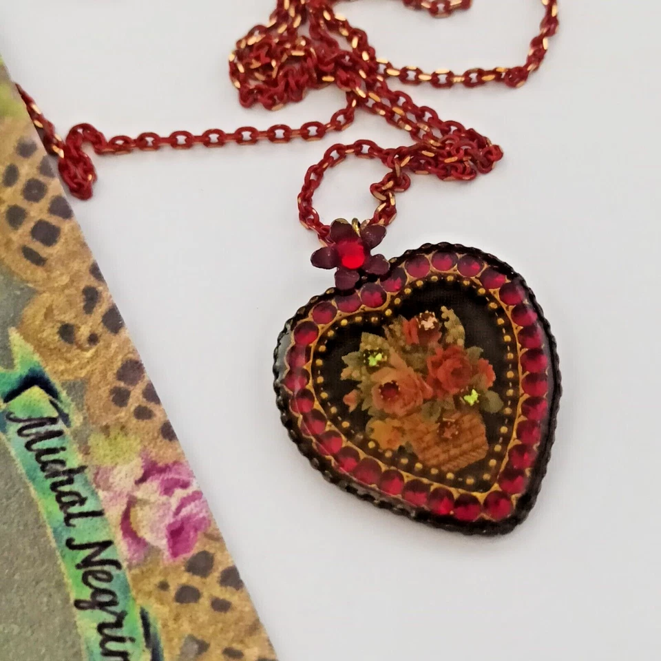 Michal Negrin Heart Necklace Red Romantic Roses Victorian Revival Crystals VTG - Image 3 of 4