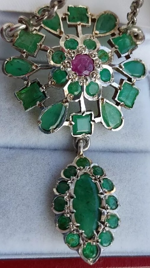 Silver Necklace Emerald Ruby Large Pendant Heavy … - image 3