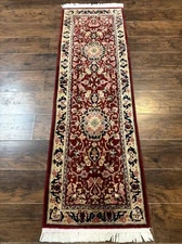 Short Runner Rug 2x6 Fine 200 KPSI Red Floral Medallion Wool Silk Highlights