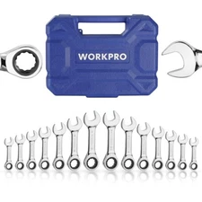 WORKPRO 14PC Ratcheting Combination Stubby Wrench Set SAE 3/8-3/4 Metric 10-18mm