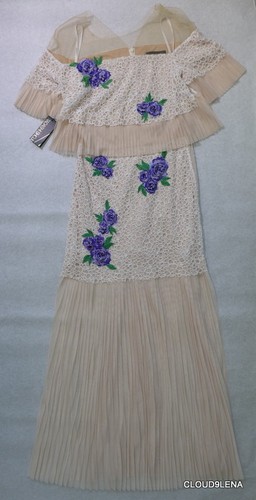 TADASHI SHOJI Corded Lace/Plisse Fleur Applique Gown Dress Size 8 in Ivory - Picture 8 of 21