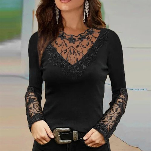 Sexy Lace Deep V Neck Long Sleeve T-shirt Female Fashion Solid Color Slim Tops - Picture 14 of 27
