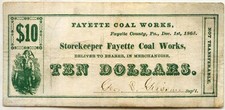1865 FAYETTE COUNTY, PENNSYLVANIA COAL MINE SCRIP; PA