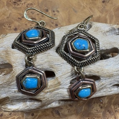 Barse Turquoise Earrings CU Dangle Pierced Mixed Metal
