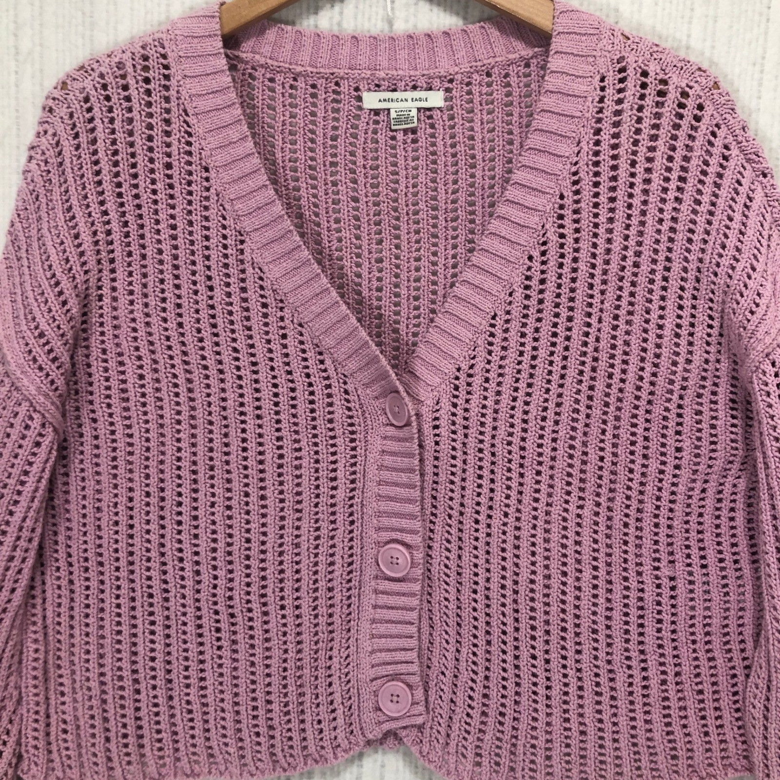 American Eagle Womens Mauve Pink Open Knit Cropped Cardigan Sweater Small S