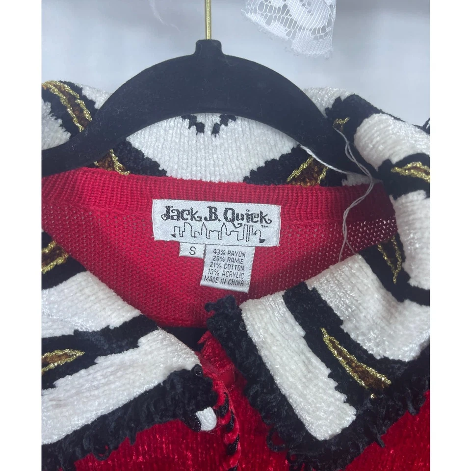 Cardigã vermelho rápido vintage Jack B SWEATER zebra listra dálmata arte spot que você usa  - Imagem 3 de 4