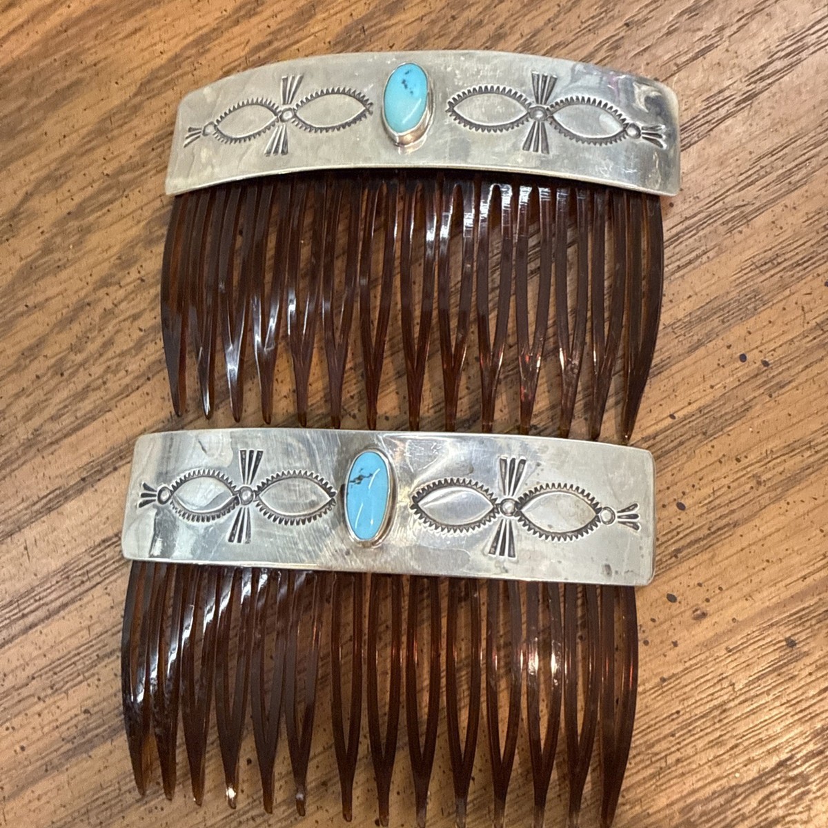Vintage Pair Native American Sterling Silver Turquoise Hair  display picture 1