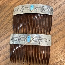 Vintage Pair Native American Sterling Silver Turquoise Hair Combs Artist Signed