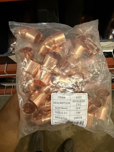 3/4" Copper 45° Elbow – Sweat CxC, Plumbing Fitting, Lead-Free 25 Pieces