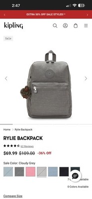 Kipling Rylie Backpack Cloudy Gray New With Tags SEALED
