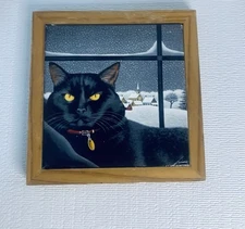 Kitty Print By Lowell Herrero On Tile, Wood Frame VTG