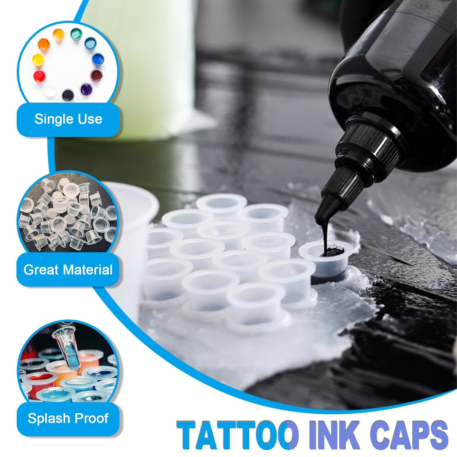 303-Pc Tattoo Ink Caps Kit with 3 Black Holders — 100 Small, 100 Medium, 100 Lar