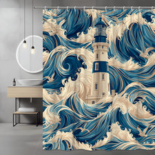 Lighthouse Waves Seagulls Shower Curtain Blue Coastal Nautical