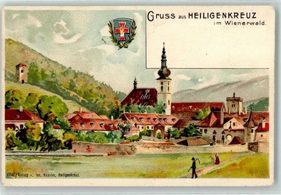 13928343 - Baden Gruss aus Heiligenkreuz im Wienerwald Kirche Wappen Turm Mann