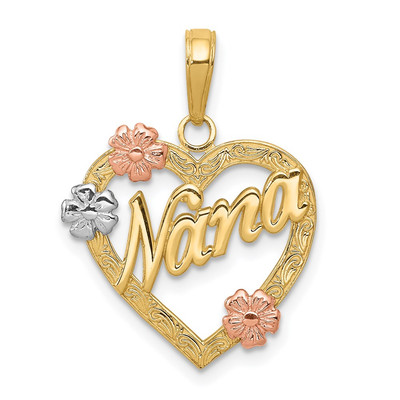 14k Gold dreifarbig NANA im Herzen mit Blumen Charm Anhänger 0,83 Zoll