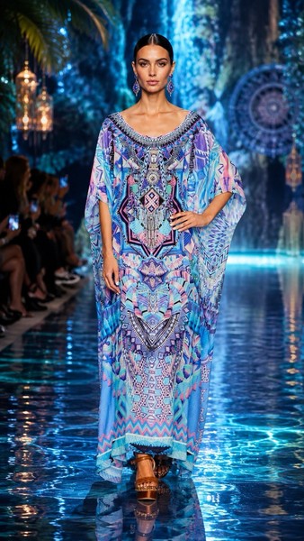 CAMILLA-O/S-THREADS OF COSMOS 100% SILK BLUE MAXI LONG KAFTAN DRESS VINTAGE