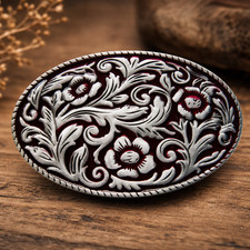 Western Cowgirl Flower Pattern Red Enamel Metal Belt Buckle Oval Silver Tone