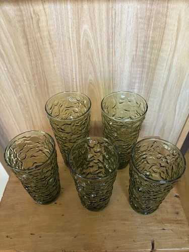VTG Anchor Hocking Lido Milano Avocado Green Crinkle Glass Set of 5 MCM Tumblers